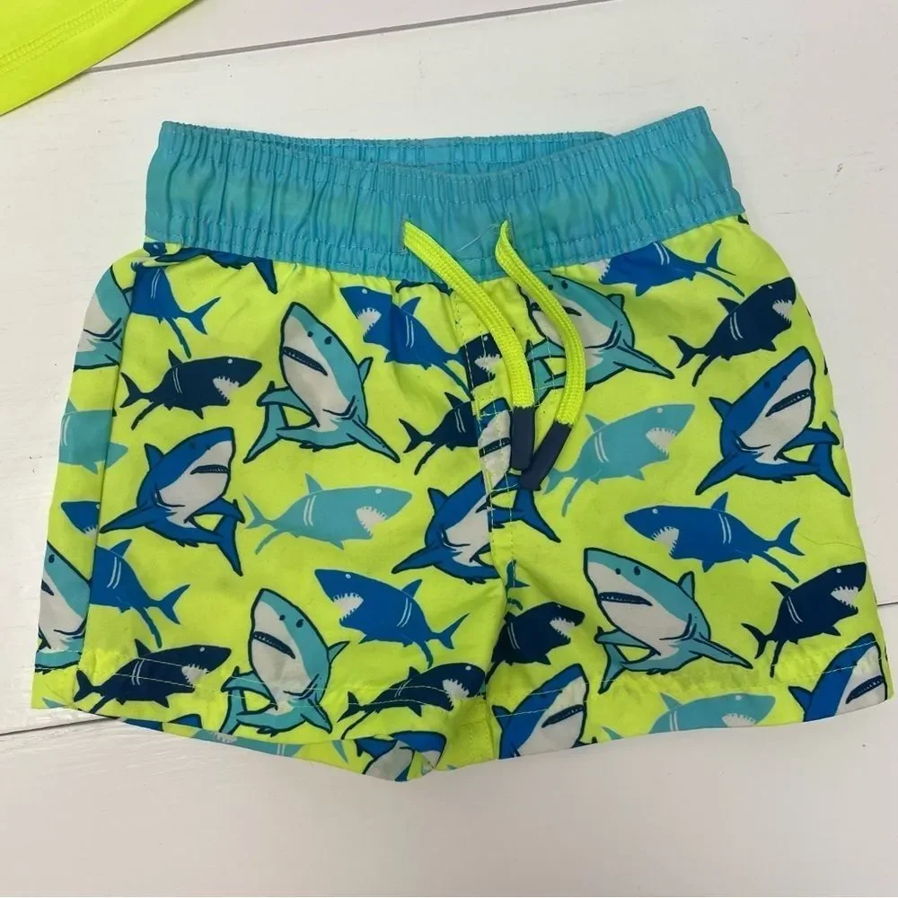 Wave Zone Swimsuit Bright Green/Yellow & Blue 2-Pieces Sharks Baby Boy Size 12M